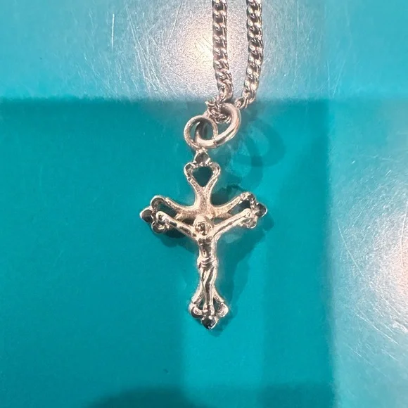 Elegant Sterling Silver Cross Pendant Crucifix Necklace on Stainless Steel Chain - Picture 2 of 10